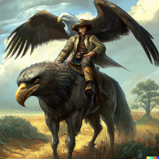 a cowboy riding a giant eagle, digital art